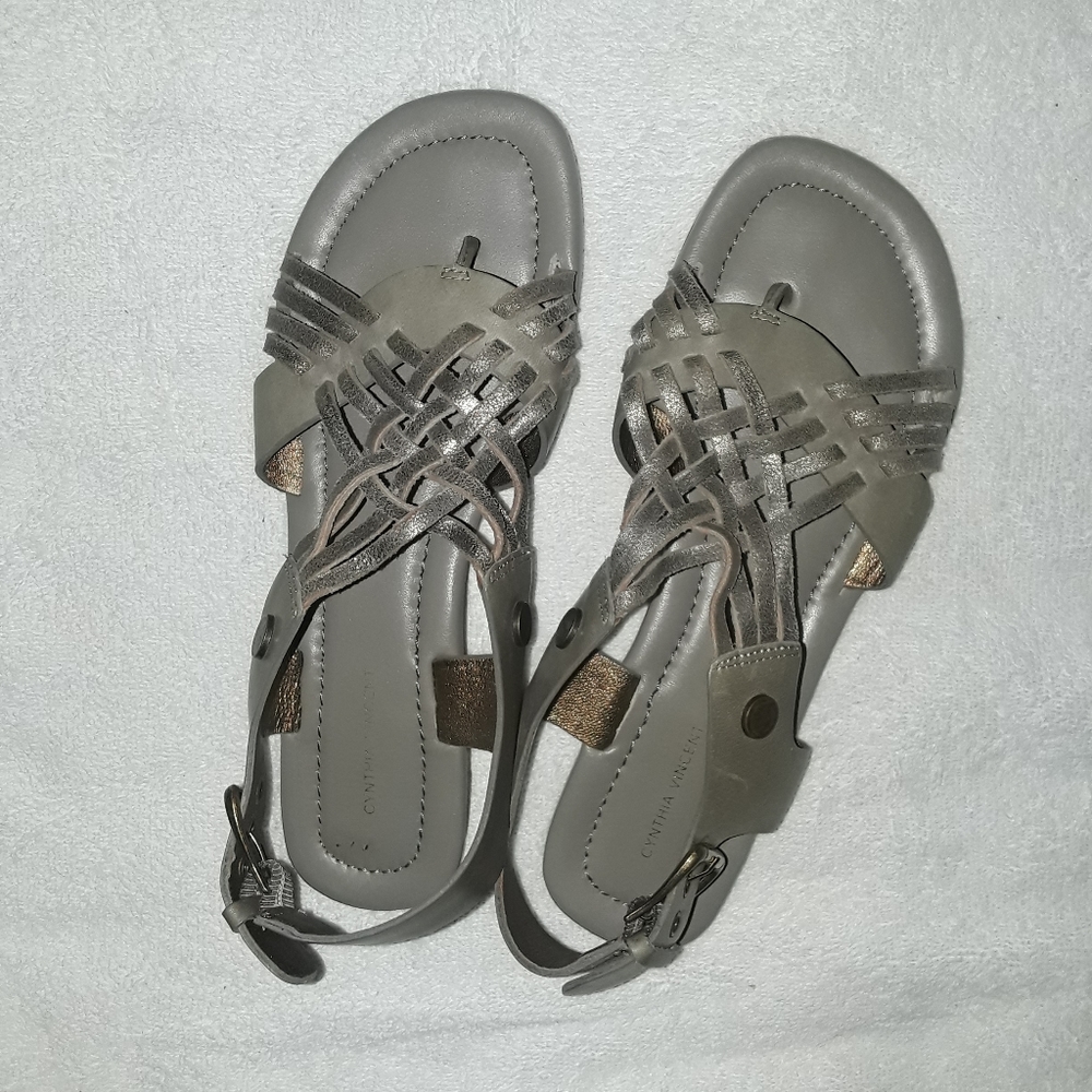 Cynthia Vincent | Weaved Braided Grey Silver Leather Sandals Size 7.5 Women's